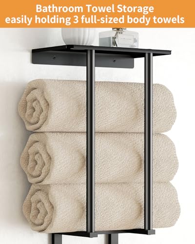 Towel Racks for Bathroom, Bathroom Towel Rack Wall Mounted with 2 Tiers Rolled Towel Holder, Towel Storage can Holds 3 Large Rolled Towels, Black - color: Black, size: 28 IN
