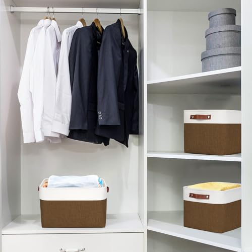 Bagnizer Storage Bins Large Fabric Storage Baskets for Shelves 3 Pack, Decorative Linen Closet Baskets with Handles for Organizing, Shelf, Clothes, Home, Office, 15x11x9.5Inches (Brown&White) - color: Brown / Off-White, size: Large -15"x11"x9.5"
