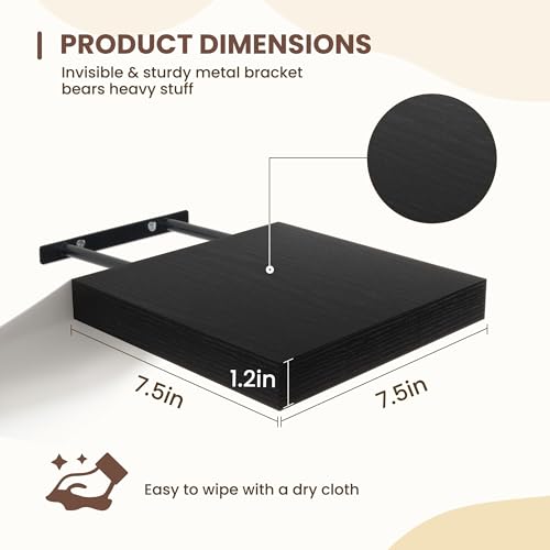 Fun Memories Floating Shelves for Wall - 7.5 Inch Square Shelves with Invisible Brackets, Black Small Wall Shelf for Living Room, Bathroom, Bedroom, and Kitchen Decor Set of 4 - color: Black, size: 7.5"W x 7.5"D - 4P