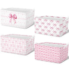4 Pcs Pink Bow Storage Basket for Gifts Collapsible Girls Coqutte Pink Storage Bins with Handle Cute Preppy Foldable Laundry Organizer for Home Bathroom Bedrooms Baby Clothes Toys Books - style: Pink Bowknot