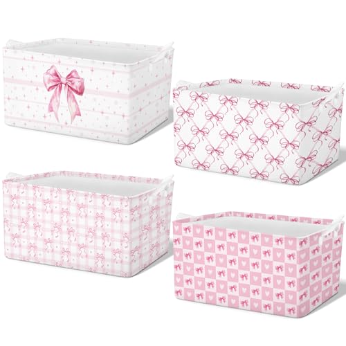 4 Pcs Pink Bow Storage Basket for Gifts Collapsible Girls Coqutte Pink Storage Bins with Handle Cute Preppy Foldable Laundry Organizer for Home Bathroom Bedrooms Baby Clothes Toys Books - style: Pink Bowknot