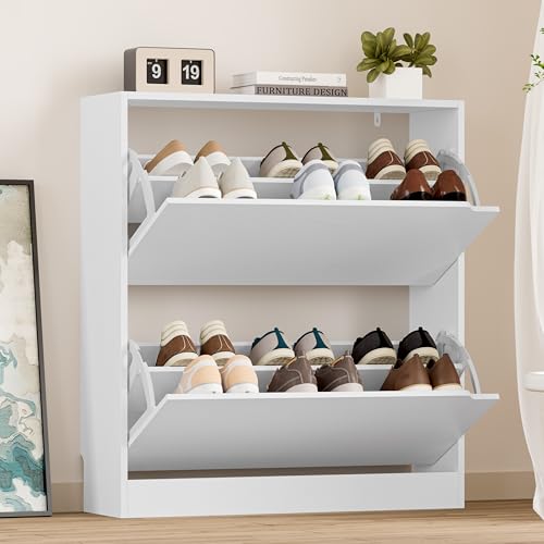 BORNOON Shoe Cabinet with 2 Flip Drawers, Slim Narrow Shoe Storage Cabinet, Freestanding Shoe Organizer with Adjustable & Removable Shelves, Top Display Shelf for Entryway, Hallway, Foyer, Closet - color: White, size: 2-Drawer