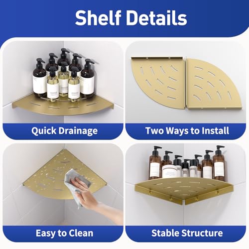 Corner Shower Shelves Load Capacity 40 Lbs 304 Stainless Steel Shelf for Shower Will Not Rust 8in Shower Corner Shelf Brushed Gold Drilling Installation - color: Brushed Gold