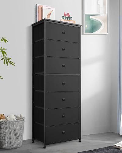 Mifuro Tall Fabric Dresser for Bedroom, Vertical Storage Organizer Tower with 7 Drawers, Chest of Drawers with Bins, Steel Frame, Wood Top for Bedroom, Closet, Entryway Black - color: Black, size: 7 Large Drawers