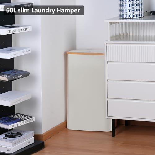 Slim Laundry Hamper,Narrow laundry Hamper with Lid,60L Hamper for Laundry,Dirty Cloth Hamper with Bamboo Handle for Towels, Clothes Organizing,Beige - color: Beige, size: 60L Slim