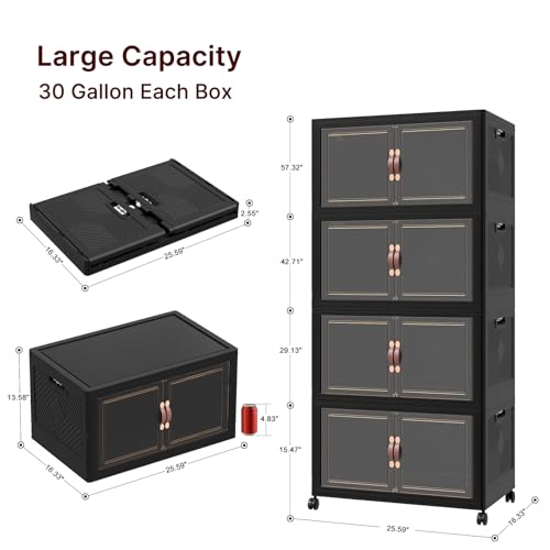 UAMFURI Stackable Storage Bins with Lids, 480QT Closet Organizers, Lockable Storage Cabinet，Foldable Storage Box with Doors and Wheels, Plastic Drawers for Home, Garage, Office (4, Black, Large) - color: Black, size: Large