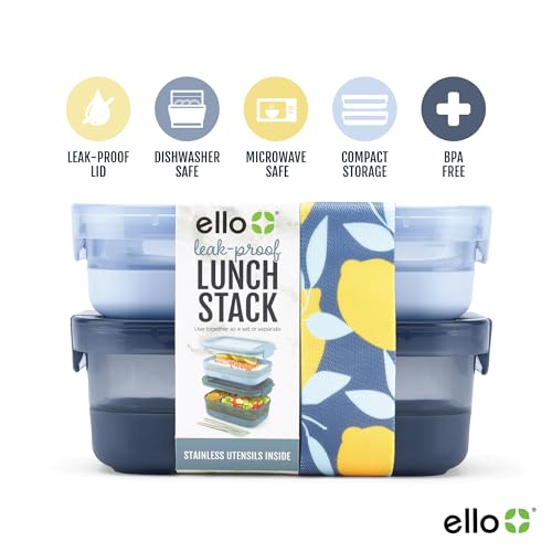 Ello 2-Pack Lunch Stack Plastic Food Storage Container Bento Box with Airtight, Leak-Proof Locking Plastic Lids and Silicone Base, BPA-Free, Freezer, Microwave, and Dishwasher Safe, Blueberry - color: Blueberry