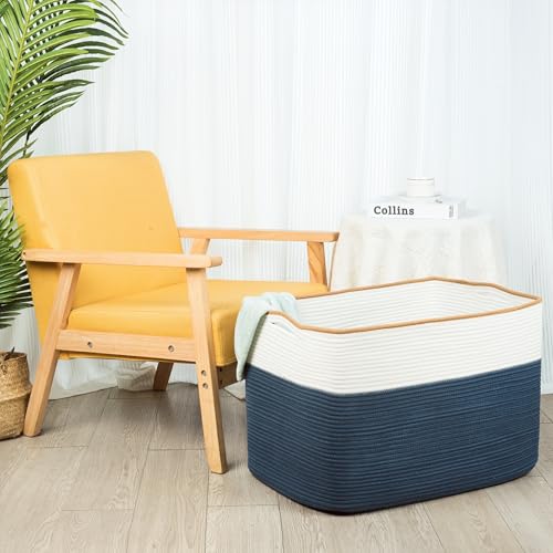 MINTWOOD Design 112L Extra Large Blanket Basket Holder Living Room, 25"x17"x16" Rectangle Rope Woven Storage Basket with Handles for Laundry, Towels, Shoes, Dog Toy Organizer Bin Box, Prussian Blue - color: Prussian Blue