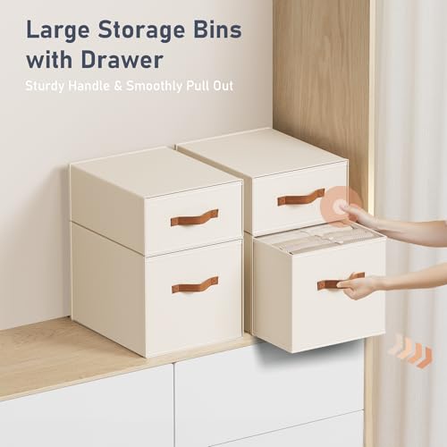 DIMJ Closet Organizers and Storage - Fabric Storage Bins with Drawers Stackable Closet Bins with Labels for Clothes, Sweaters, Bedding, Collapsible Storage Cubes for Bedroom, Living Room, Shelf - color: Beige, size: Large - 3 Pack