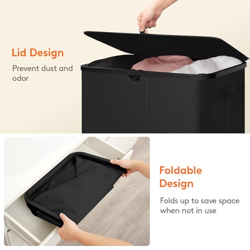 Lifewit 185L Large 3 Section Laundry Hamper with Lid, Plastic Laundry Basket with Bamboo Handles and Removable Bags, Tall Foldable Clothes Hamper for Bathroom Bedroom, Black - color: Black