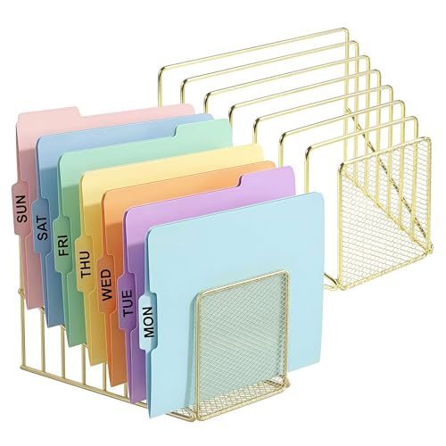 Simmer Stone 2 pcs Incline File Sorter, 7 Slot Magazine Holder for Letter, Document, Folder and Book, Metal Desktop Organizer Rack for Home, School and Office (2-gold) - color: 2-gold