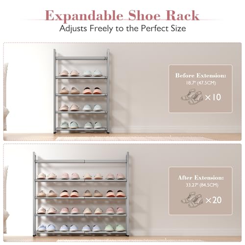 Bumusty 5-Tier Expandable Shoe Rack for Closet, 18“-33” Adjustable Shoe Rack for Small Space, Small Shoe Organizer for Front Door, Sturdy Metal, Light Grey - color: Light Grey, size: 5-Tier