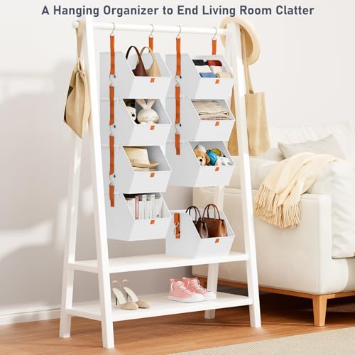 DIMJ Hanging Closet Organizer - 4 Tier Collapsible Hanging Shelves with Hooks Zipper, Fabric Clothes Organizer, Space-Saving Storage Bin Basket for RV, Bedroom, Laundry Organization - color: White, size: 4 Pack