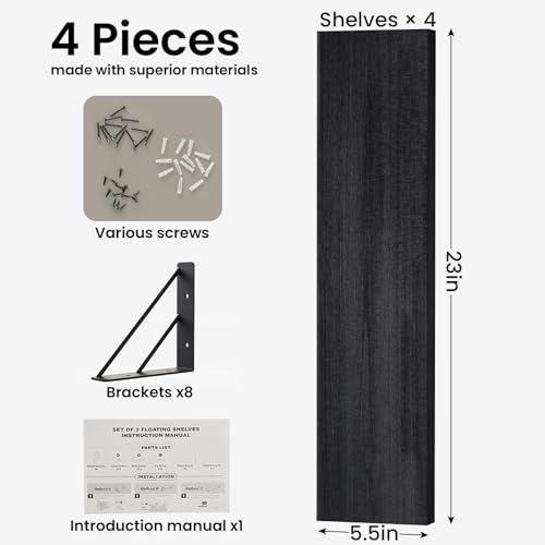 BAYKA Wall Mounted Floating Shelves, Wood Floating Wall Shelf for Books & Decor, Small Space-Saving Display & Organizer（Black，23in，Set of 4） - color: A. Black Board & Black Brackets, size: 23-inch Standard