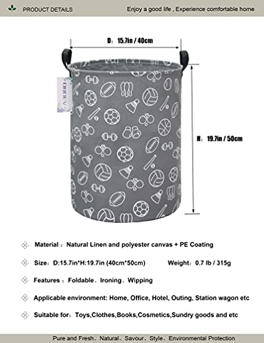 Round Sports Themed Laundry Basket, Collapsible Laundry Hamper for Boys,Cute Ball Print Storage Bin,Waterproof Toy Storage for Kids Room,Nursery,Playroom,New Parent Gift(Grey Sports Ball) - color: Grey Sports Ball