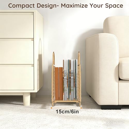 Gold Magazine Holder,Modern Magazine Rack Floor,Metal Wire Magazine Basket,Handbag Design Magazine Storage Organizer for Magazines File Book Newspaper Vinyl Record Albums - color: Gold