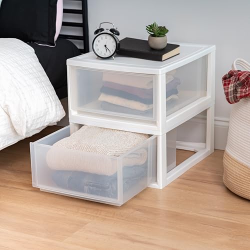 IRIS USA 30 Qt. Plastic Drawer Storage Organizer Stacking Drawers, 2-Pack, Stackable Unit with Sliding Drawer for Clothes Bedroom Kitchen Under Sink Pantry Craft Room Bathroom Dorm Office, White - size: 30 Qt., style: 2 Pack