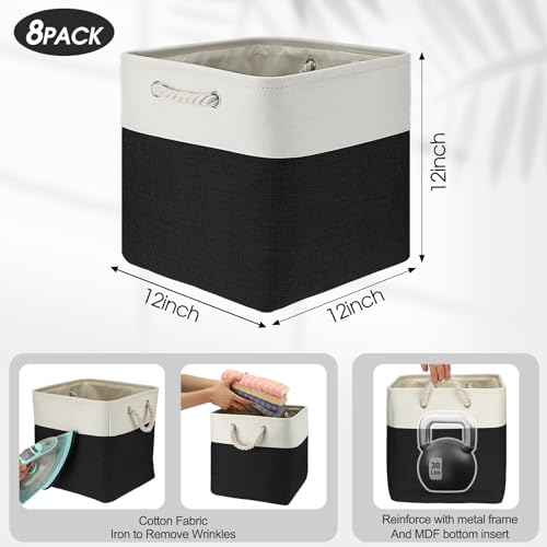 meekoo 8 Pack Collapsible Storage Bins Fabric Storage Bins Polyester Fabric Baskets with Handles Linen Closet Organizer for Shelf Home Closet Towels Toys(12 x 12 x 12 in,Black White) - color: Black White, size: 12 x 12 x 12 In