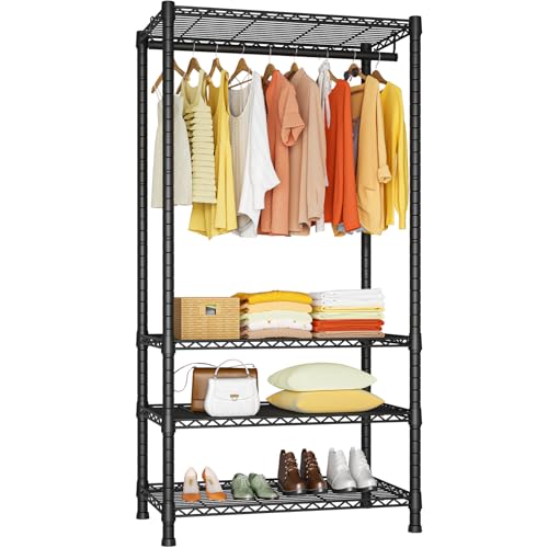 Ulif H2 Heavy Duty Clothes Rack, Freestanding 4 Tiers Garment Rack for Hanging Clothes with Shelves and Hangers, Closet Organizers and Storage Metal Closet Wardrobe System, Max Load 500 LBS, Black - color: Black, size: H2