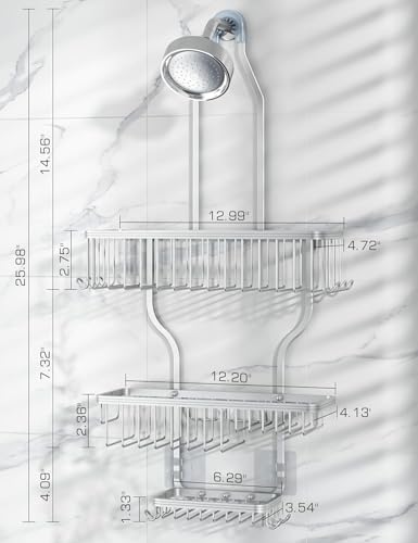 YASONIC Never-Rust Aluminum Hanging Shower Caddy – Over-the-Showerhead Organizer with 10 Hooks for Razor and Sponge – Includes Soap Basket – Silver - color: Silver