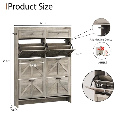 Shoe Cabinet with 6 Flip Drawers & 2 Top Drawers, 57" Tall Freestanding Narrow Wooden Shoe Storage Organizer for Entryway, Hidden Slim Shoe Rack for Front Door Entrance, Hallway, Living Room, Grey - color: Grey, size: 6 Flip Drawers