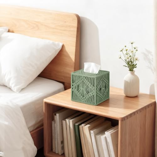 Mkono Tissue Box Cover Macrame Square Open-Bottom Tissue Box Holder Boho Decor Tissue Organizer Bohemian Handmade Woven Tissue Cube Box for Bathroom Bedroom Dresser Living Room Office Dorm, Green - color: Green
