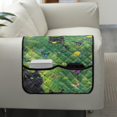 Green Grass Black Cat Floral Print Arm Rest Cover for Sofa with 2 Pockets Dustproof Chairs Arm Covers Anti-Scratch Furniture Protector for Pet Dog Cats Loveseat Armrest Covers - color: Green Grass Black Cat Floral