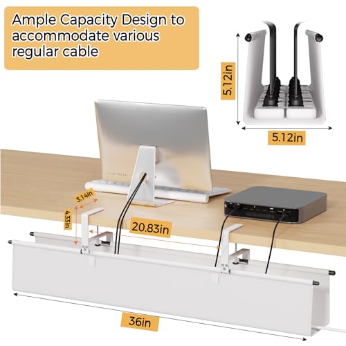 Under Desk Cable Management Tray - 36" Cord Organizer for Desk No Drill, Fabric Under Table Wire Organizer with 16X Cable Ties Hide for Office/Home, Cord Hider Fits Adapters & Sockets, White - color: White, size: 36'' L
