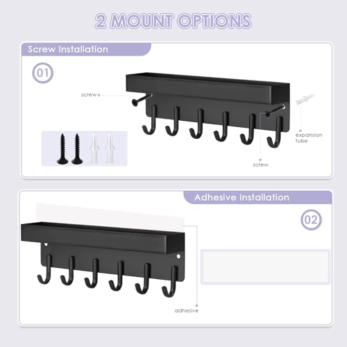 VIS'V Key Holder Wall Mount, Compact Adhesive Key Rack with Tray, 6 Hooks, 2 Mount Options, Black - color: Black