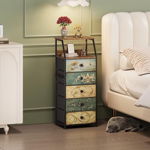Tohomeor Nightstand with Fabric Drawers Dresser with 2 Tier Shelf Storage Tower for Bedroom Hallway Entryway Closet Organizer Sofa Beside Table Furniture (Multi, 5 Drawers) - size: 15.7"D x 11.8"W x 39"H (5 Drawers)