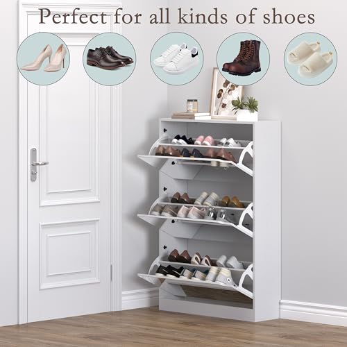 BORNOON Shoe Cabinet with 3-Flip Mirror Drawers, Freestanding Shoe Rack Organizer with Hidden Handle, Slim Narrow Shoe Storage Cabinet for Entryway, Entrance, Hallway, Bedroom - color: White, size: 3-Drawer with Mirror