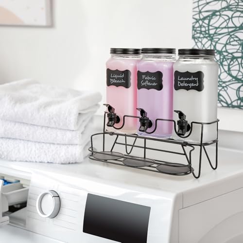3 Sets 2.2L Liquid Laundry Detergent Dispenser, Glass Laundry Soap Dispenser with Stand, Measuring Cup, Fabric Softener Dispenser for Laundry Room Organization