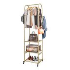 SUOERNUO Clothes Rack With Wheels and 3-Tier Metal Shelves,Clothing Rack For Hanging Clothes With 4 Hooks,Garment Rack Wardrobe Organizer for Small Space,Black (gold, 16.54 * 18.23 * 72.05) - color: gold