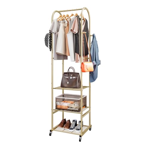 SUOERNUO Clothes Rack With Wheels and 3-Tier Metal Shelves,Clothing Rack For Hanging Clothes With 4 Hooks,Garment Rack Wardrobe Organizer for Small Space,Black (gold, 16.54 * 18.23 * 72.05) - color: gold