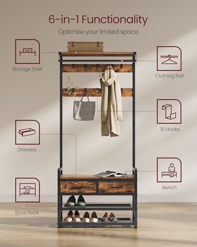 VASAGLE Hall Tree with Bench and Shoe Storage, Entryway Coat Rack with Shoe Bench, 2 Fabric Drawers, 10 Hooks, 11.8 x 31.7 x 71.5 Inches, Vintage Brown and Ink Black UHSR429B01 - color: Vintage Brown + Ink Black