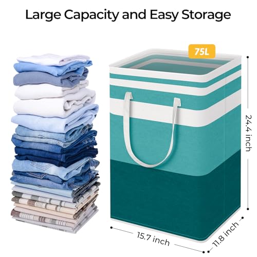 HomeHacks 2-Pack Large Laundry Basket, Waterproof, Freestanding Laundry Hamper, Collapsible Tall Clothes Hamper with Extended Handles for Clothes Toys in the Dorm and Family (Green, 75L) - color: Green, size: 75L