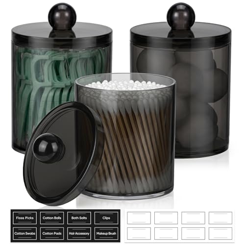 3 Pack Acrylic Qtip Holder Dispenser for Cotton Swabs, Balls, Pads, Floss Picks- Clear Plastic Canister Apothecary Jar Set, Bathroom Essentials Accessories Decor Vanity Makeup Storage Organizer -Black - color: Black, size: 3 Pack