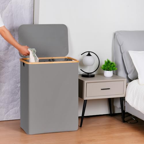 efluky Laundry Hamper with Lid, Trio Laundry Hamper with 3 Removable Bags, 3 Section Laundry Basket with Bamboo Handles for Bathroom, Bedroom & Laundry Room, 160L Silver Grey - color: Silver Grey, size: 160L Trio
