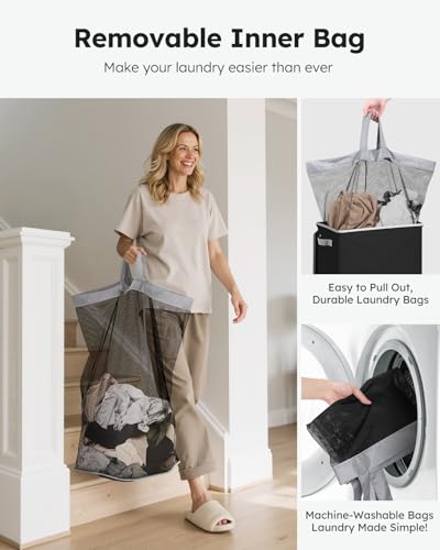 SOLEDI Laundry Hamper Black with Lid and Removable Bag - 100L Large and Tall Laundry Basket Collapsible with Handle for Clothing and Toys Storage - Dirty Clothes Hamper for Bedroom, bathroom, dorm - color: Black, size: 100L