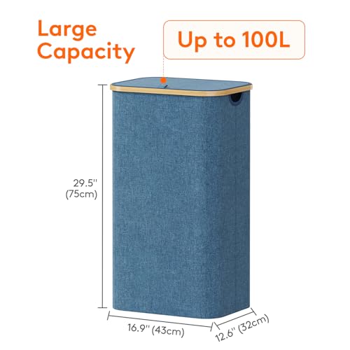 Lifewit 100L Laundry Basket with Lid, Clothes Hampers for Laundry with Bamboo Handles and 1 Removable Bag, Large Foldable Laundry Hamper for Bedroom, Bathroom, Dorm, Laundry Room, Dark Blue - color: Dark Blue, size: 100L