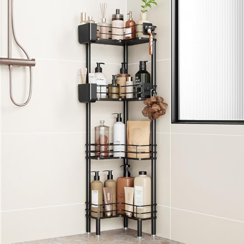 Orimade Rustproof 4 Tier Floor Standing Corner Shower Caddy Organizer with Toothbrush Holder, Large Spacing Floor Shower Shelf Rack Storage Stands with Hooks for Bathroom Kitchen, Black - color: Black, size: 4 Tier