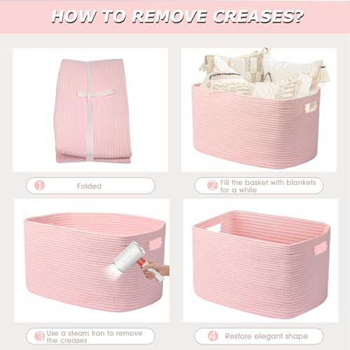 75L Large Woven Storage Basket, Pink Cotton Rope Laundry Hamper with Handles, 22”x17”x12” Rectangle Blanket Basket for Toys, Clothes, Pillows, Nursery and Living Room,Shelf Basket - color: Soft Pink