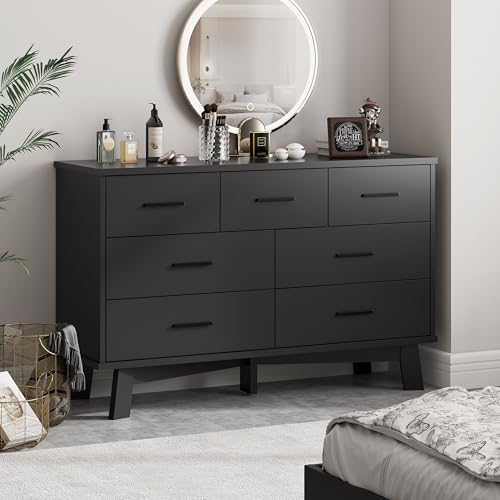Xixini Dresser for Bedroom with 7 Drawer, Wood Modern Chest of Drawers with X-Shaped Sturdy Base, Wide Double Dresser Closet Clothes Storage Organizer, Wooden TV Stand for Living Room, Hallway, Black - color: Black, size: 15.6"D x 47.2"W x 29.5"H (7 Drawe
