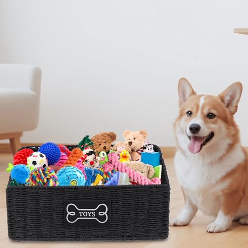 Dog Toy Basket Large Durable Metal Woven Foldable Storage Bin, Living Room Bedroom Entryway Toy Storage Organizer Rustic Trapezoid Pet Basket for Dogs Puppies and Home Floor Corners-Black - color: Black Paper Rope