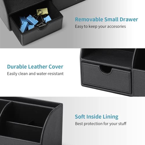 Vlando Office Desk Organizer Leather Desktop Organizer Caddy with Drawer for Storing Desktop Supplies and Accessories (Black Set) - color: B.Black Set