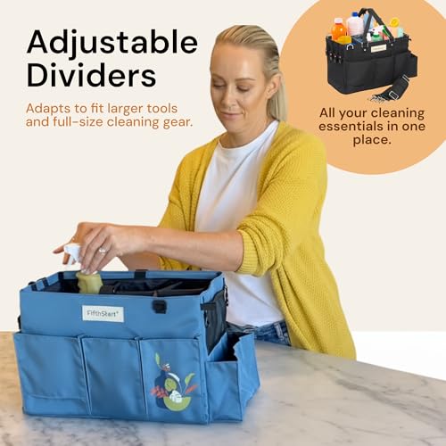 FifthStart Multiuse Cleaning Caddy w/Waist & Shoulder Strap - 9 Pockets Tote Bag for Housekeeping Gardening Fishing Bathroom Organizer Adjustable Compartments, Black Large Caddy Organizer with Handle - color: Black, size: Large