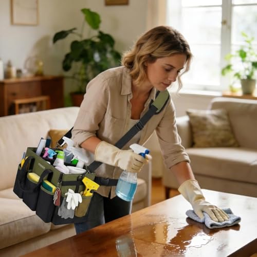 Ytonet Wearable Cleaning Caddy Organizer with Handle & Shoulder Straps, Large Cleaning Bag for Housekeepers, Kitchen Supplies Organizer with Dividers, Under Sink & Car Detailing Bag, Green - color: Green, size: Large