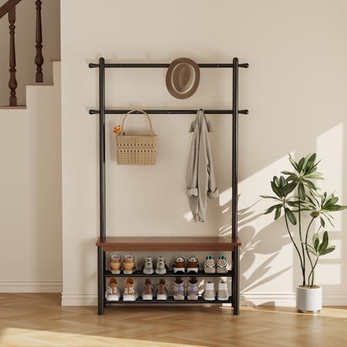 Coat Rack with Shoe Storage, Wood and Metal Frame, Entryway Hall Tree with Bench, Featuring 11 Hooks and 2-Tier Storage Shelves, 3-in-1, Entry Bench with Coat Rack (39.4" Walnut) - size: 100