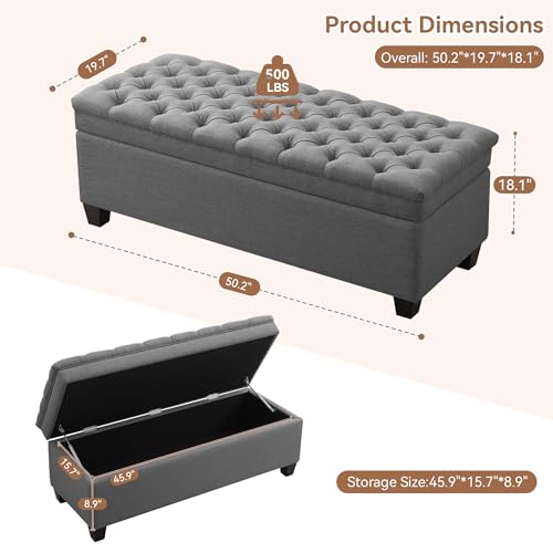 WUTUTUEE 51" Fabric Storage Ottoman Bench, Upholstered Rectangle End of Bed Storage Ottoman Tufted Living Room Bedroom Bench with Safety Hinge, Solid Wood Legs, Loads 500 lb(Dark Grey) - color: Dark Grey-fabric