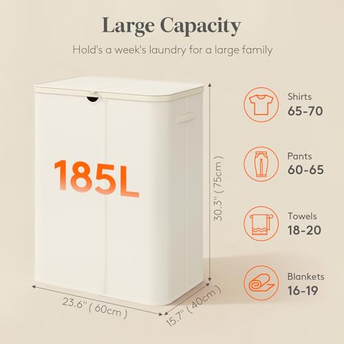 Lifewit 185L Large 3 Section Laundry Hamper with Lid, Plastic Laundry Basket with Bamboo Handles and Removable Bags, Tall Foldable Clothes Hamper for Bathroom Bedroom, White - color: White